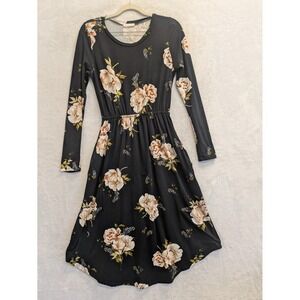 Reb J Floral Dress Long Sleeve Black Pink Roses Midi Womens Small